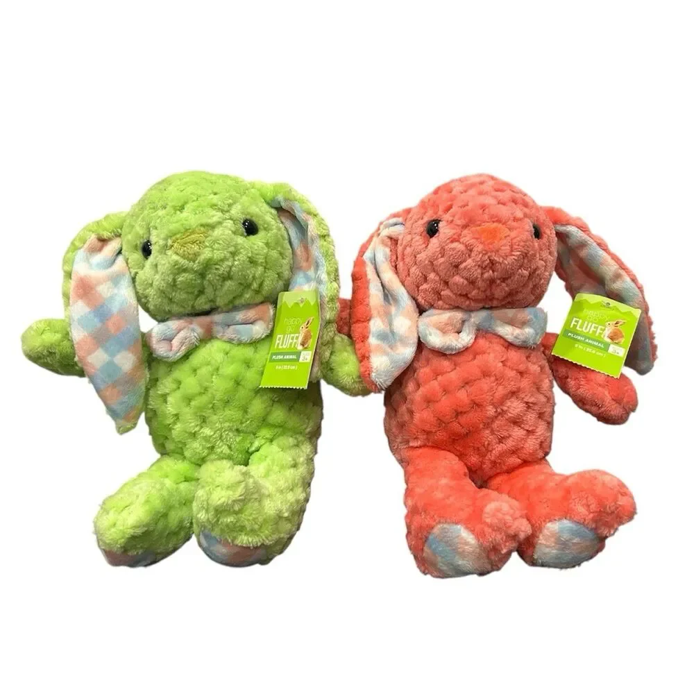 2x Kellytoy Easter Bunny Plush Green Pink Checkered Stuffed Animal 9
